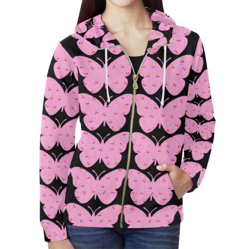 Butterflies Abstract Pink All Over Print Full Zip Hoodie for Women (Model H14)