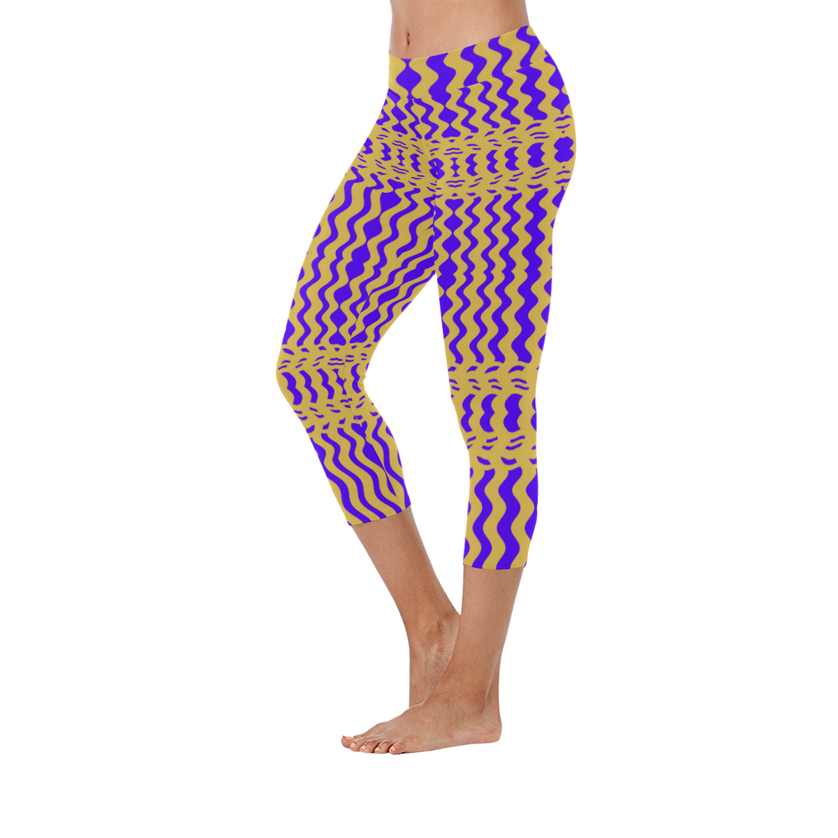 Purple Yellow Modern  Waves Lines Women's Low Rise Capri Leggings (Invisible Stitch) (Model L08)