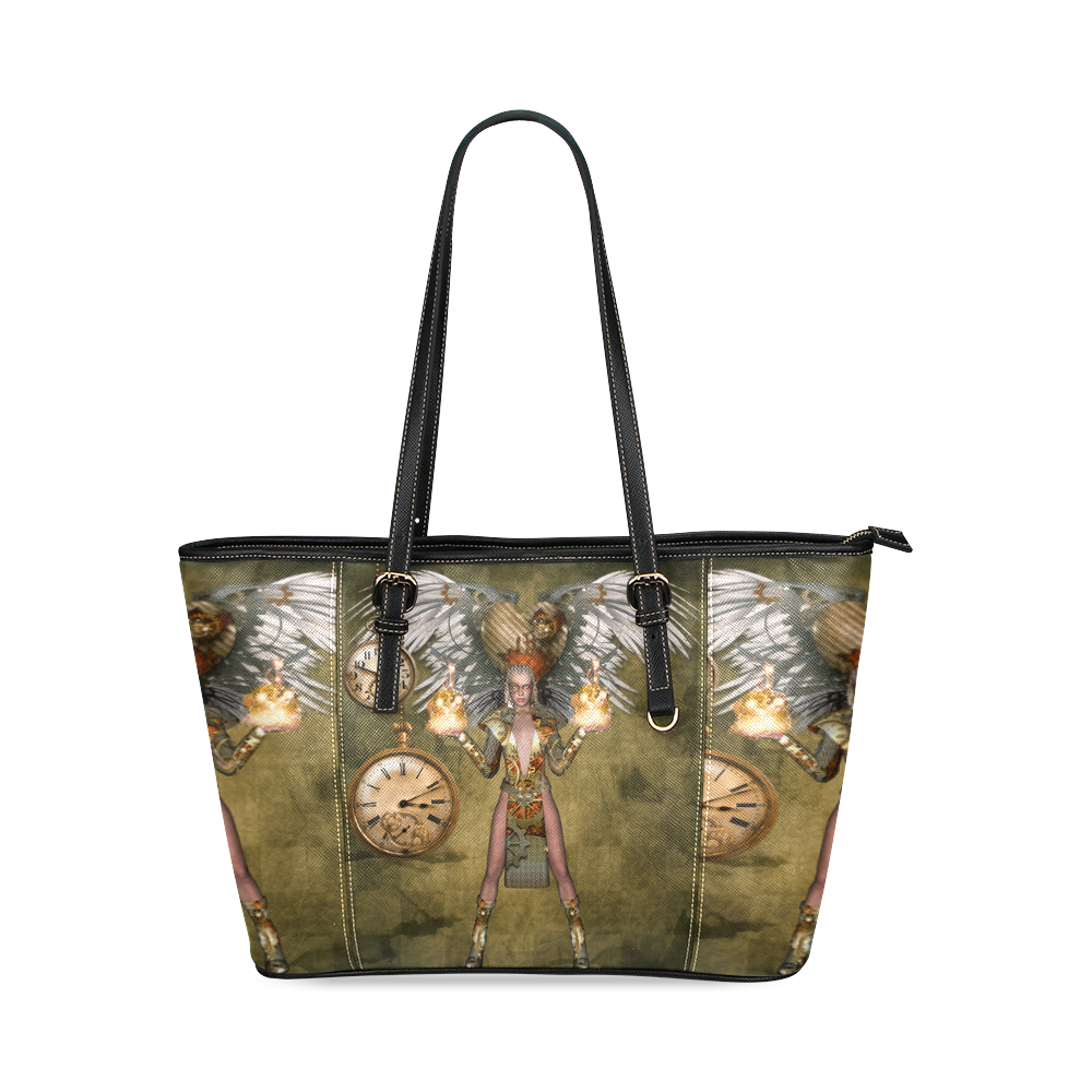 Steampunk lady with clocks and gears Leather Tote Bag/Small (Model 1640)