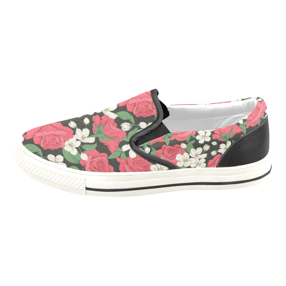 Pink, White and Black Floral Men's Slip-on Canvas Shoes (Model 019)