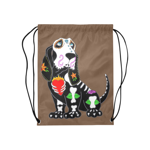 Basset Hound Sugar Skull Brown Medium Drawstring Bag Model 1604 (Twin Sides) 13.8"(W) * 18.1"(H)