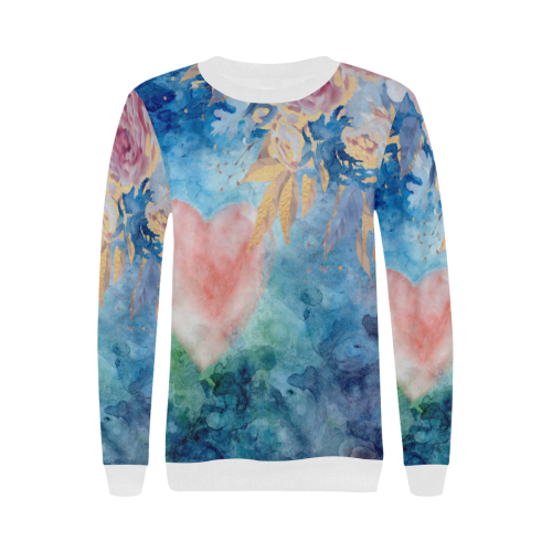 Heart and Flowers - Pink and Blue Women's Rib Cuff Crew Neck Sweatshirt (Model H34)