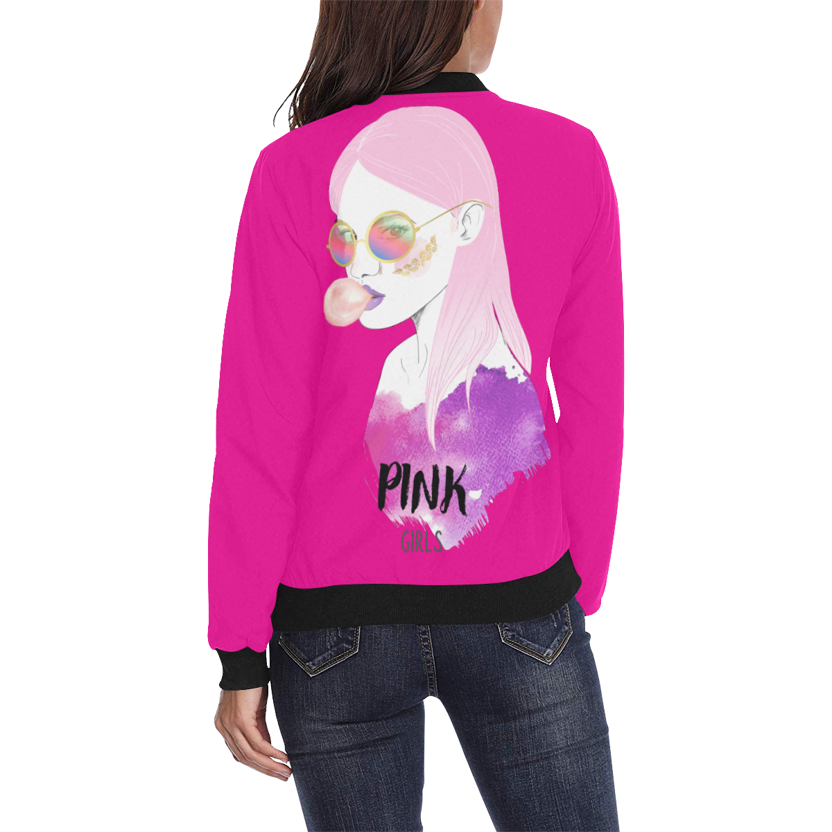 pink girls All Over Print Bomber Jacket for Women (Model H36)