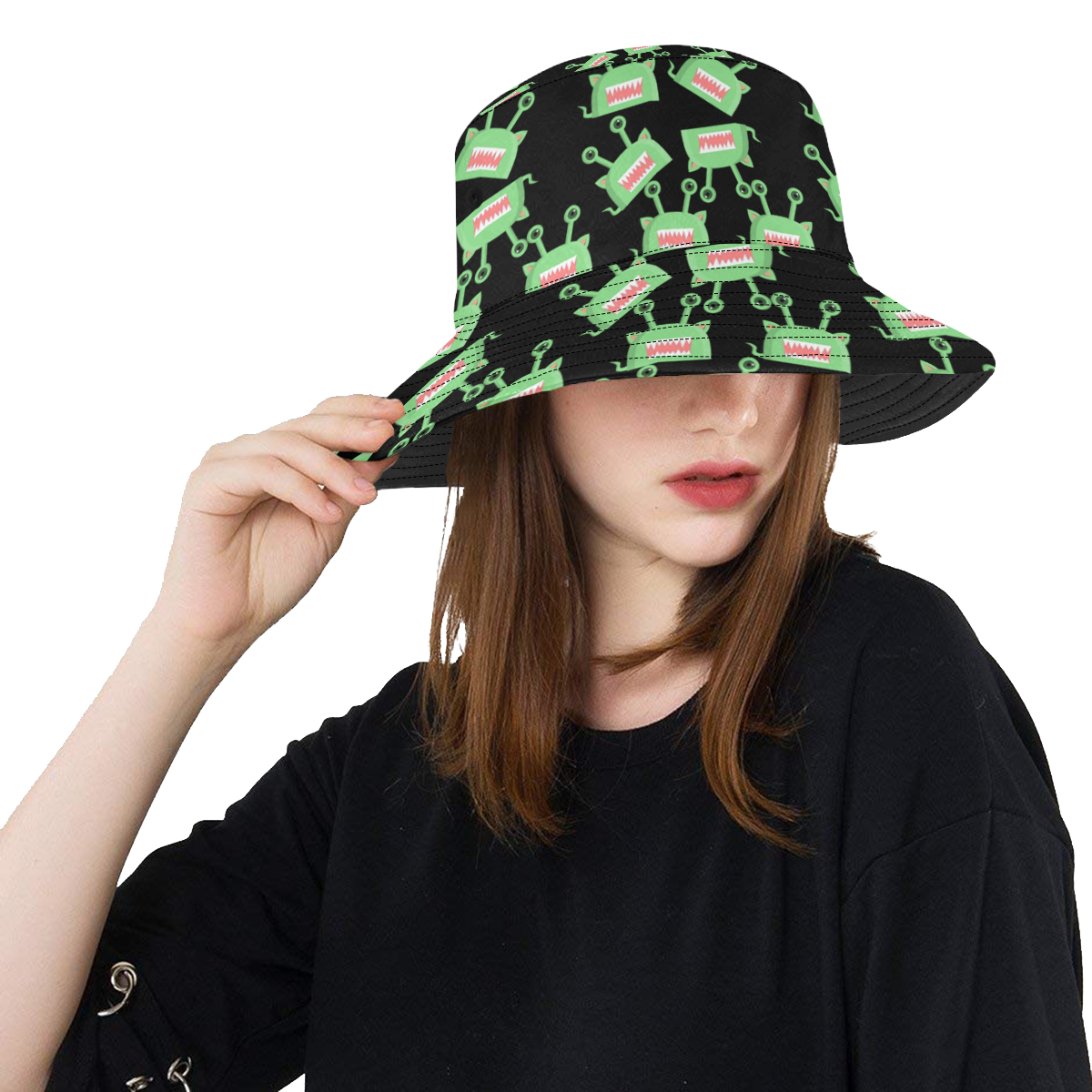 green alien monster pattern black All Over Print Bucket Hat