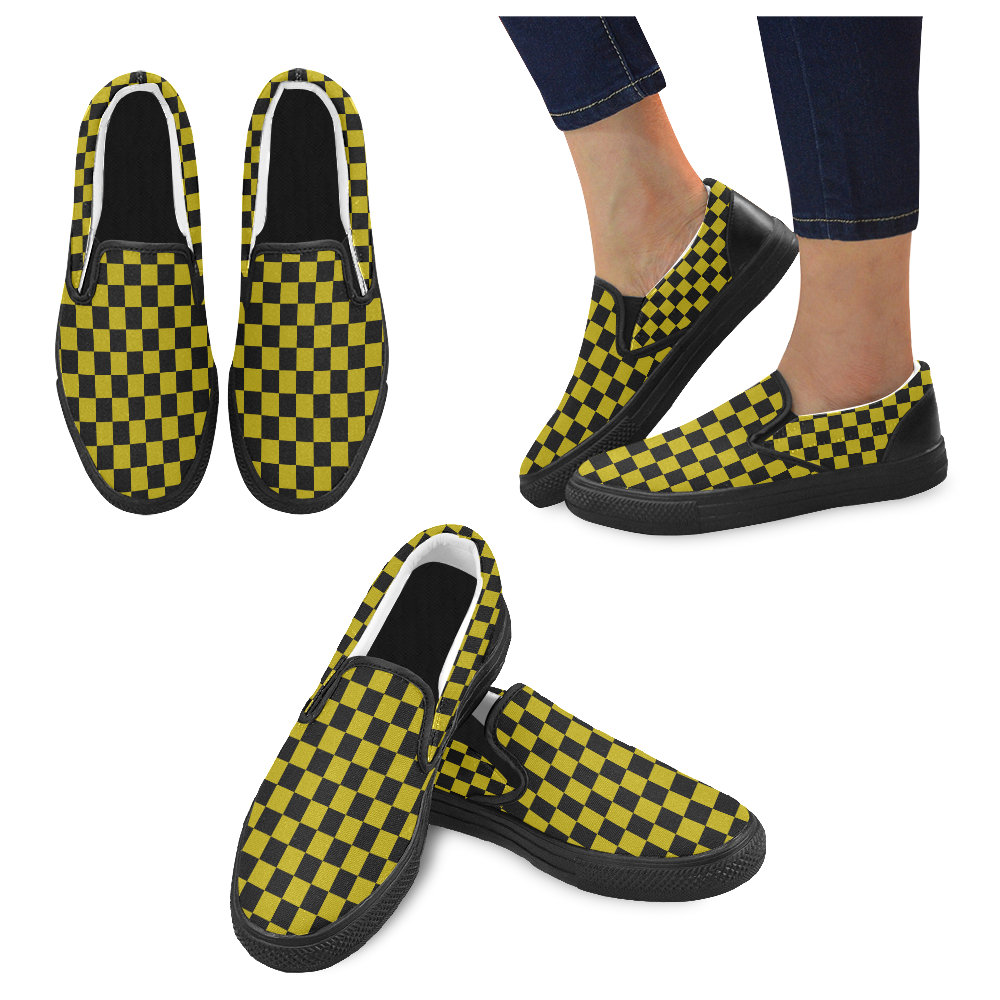 Checkerboard Black and Gold Women's Unusual Slip-on Canvas Shoes (Model 019)