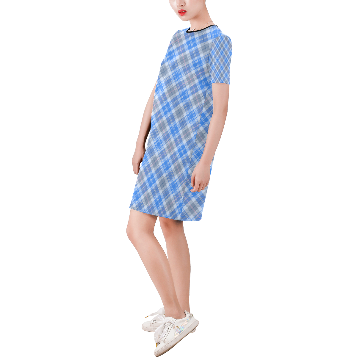 Plaid patterns Short-Sleeve Round Neck A-Line Dress (Model D47)