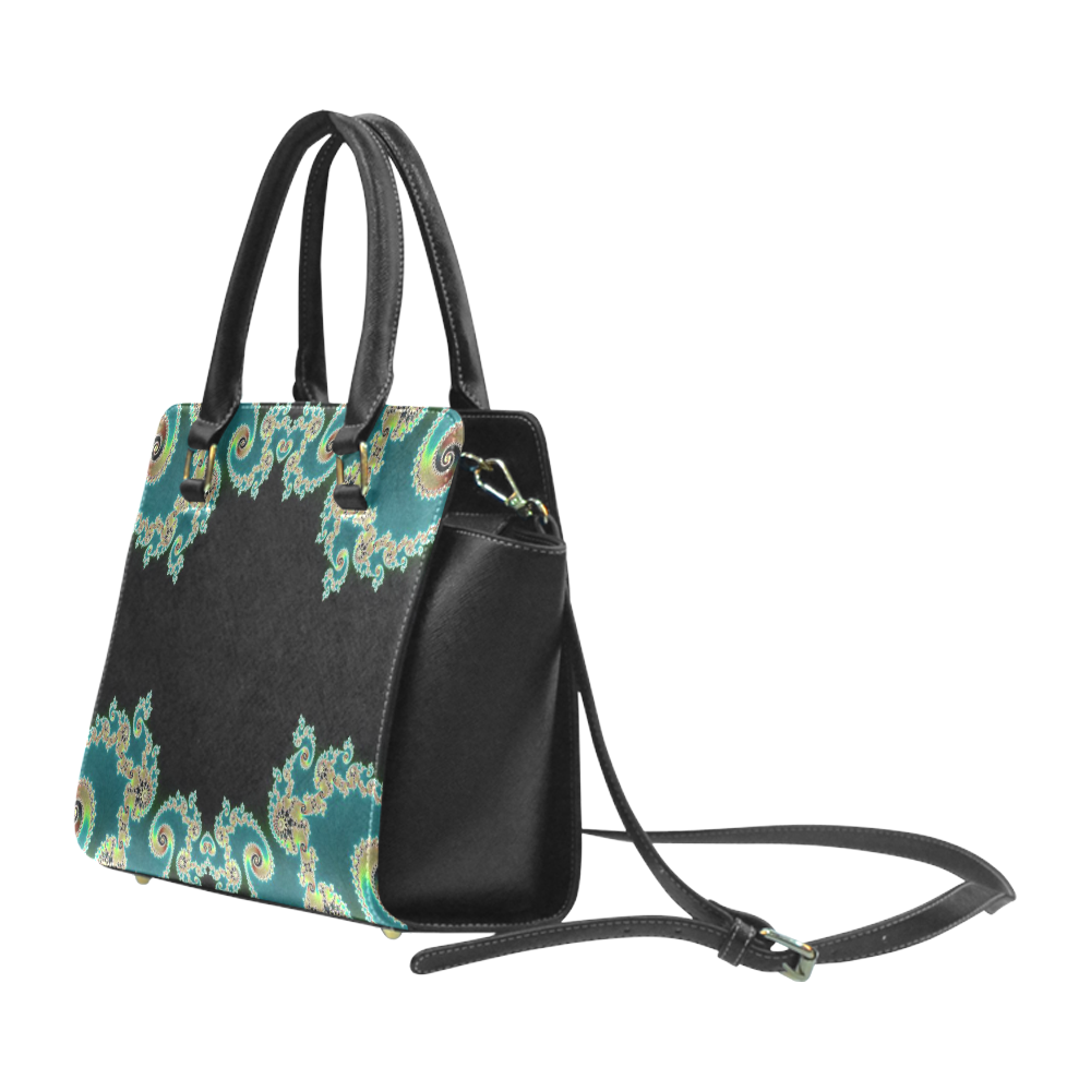 Aqua and Black  Hearts Lace Fractal Abstract Rivet Shoulder Handbag (Model 1645)