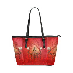 Music clef with floral design Leather Tote Bag/Small (Model 1640)