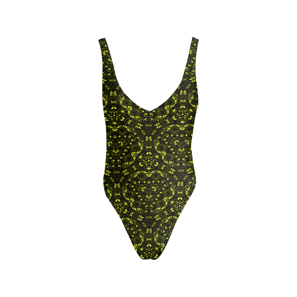 Green vintage pattern on a black background Sexy Low Back One-Piece Swimsuit (Model S09)