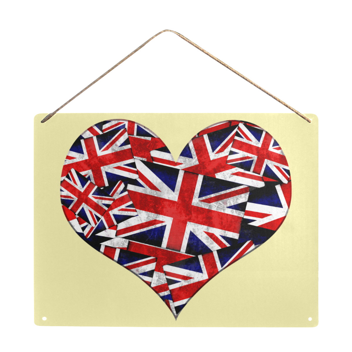 Union Jack British UK Flag Heart Yellow Metal Tin Sign 16"x12"