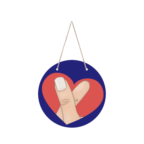 Red Heart Fingers on Blue Round Wood Door Hanging Sign