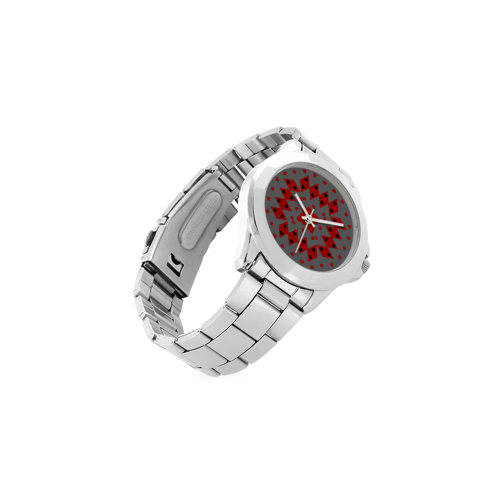 Black and Red Playing Card Shapes Round Unisex Stainless Steel Watch(Model 103)