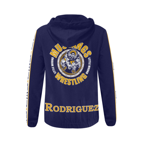 Little Wound Mustangs Rodriguez Dark Blue All Over Print Full Zip Hoodie for Women (Model H14)