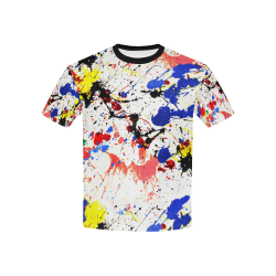 Blue and Red Paint Splatter (Black Trim) Kids' All Over Print T-Shirt with Solid Color Neck (Model T40)