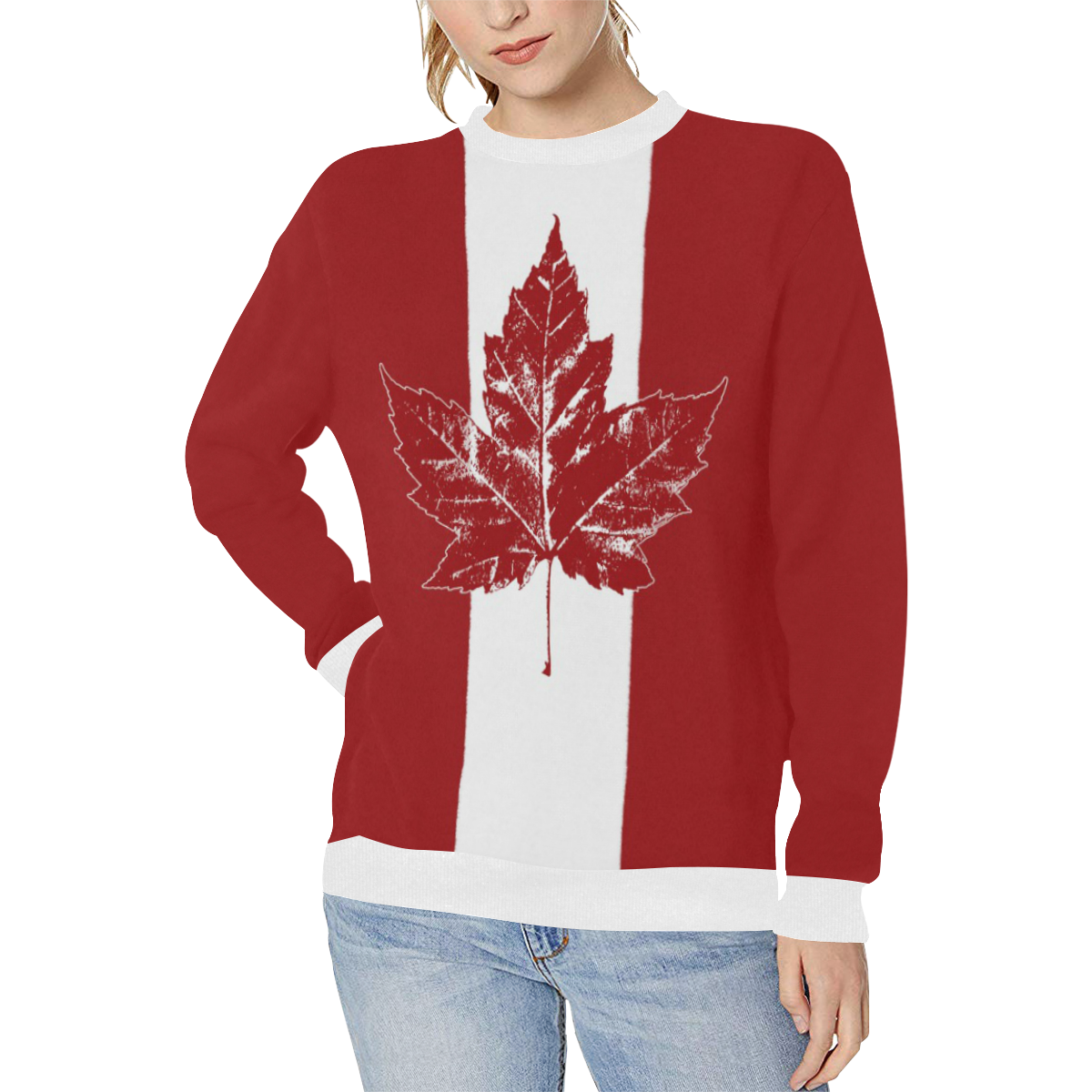 Cool Canada Sweatshirts Retro Red Women's Rib Cuff Crew Neck Sweatshirt (Model H34)