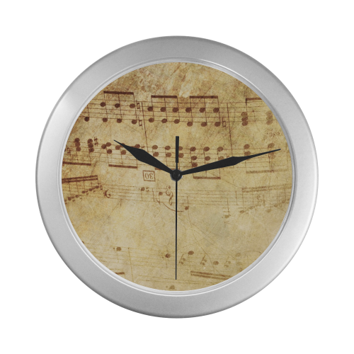 Silver Frame Wall Clock Classic Musicical Notes Grunge Style Wall Decor Silver Color Wall Clock