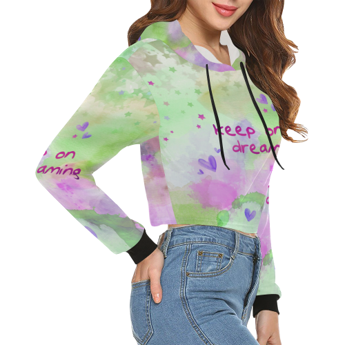 KEEP ON DREAMING - lilac and green All Over Print Crop Hoodie for Women (Model H22)