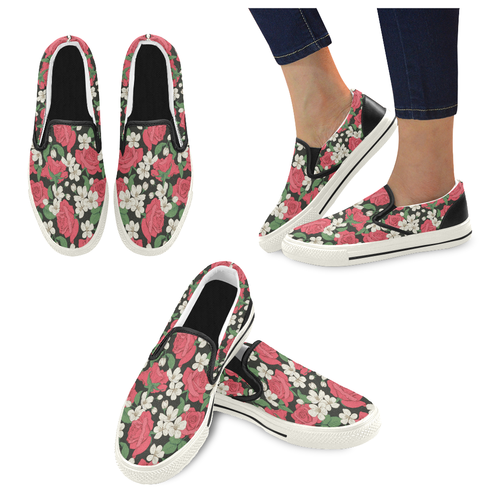 Pink, White and Black Floral Women's Unusual Slip-on Canvas Shoes (Model 019)