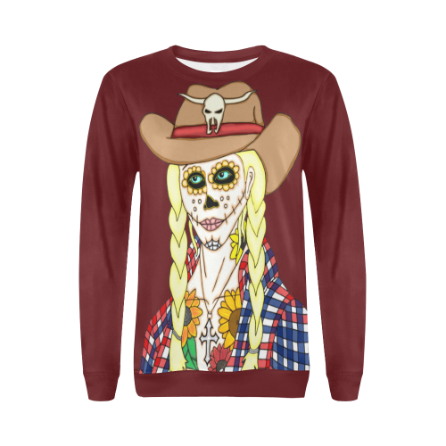 Cowgirl Sugar Skull Burgundy All Over Print Crewneck Sweatshirt for Women (Model H18)