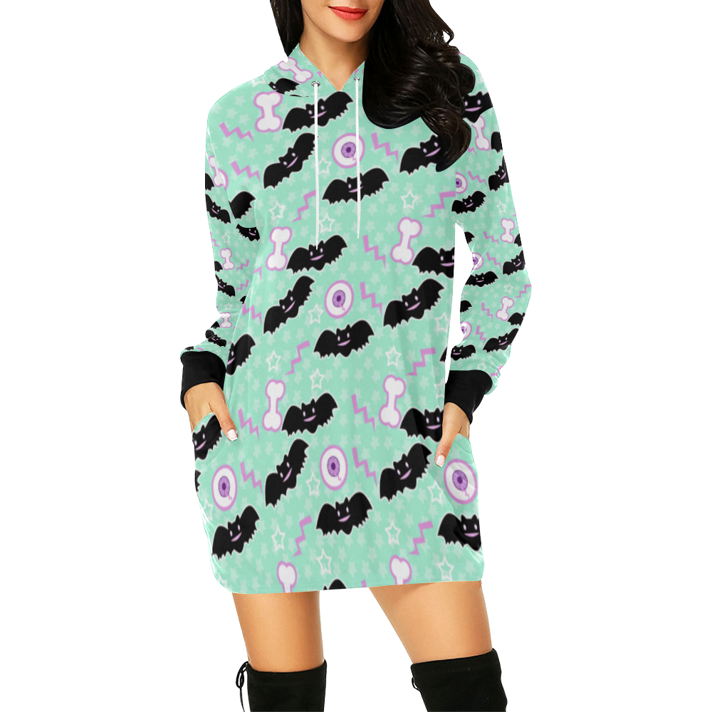 creepycute (mint) All Over Print Hoodie Mini Dress (Model H27)