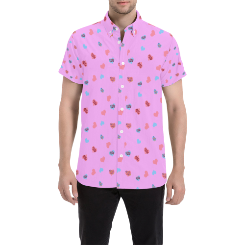 Pink-Blue Hearts-Wild Thing-Hot Stuff on Pink Men's All Over Print Short Sleeve Shirt (Model T53)