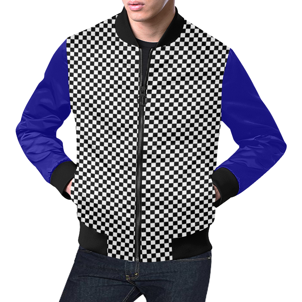 Checkerboard Black , White and Blue All Over Print Bomber Jacket for Men (Model H19)