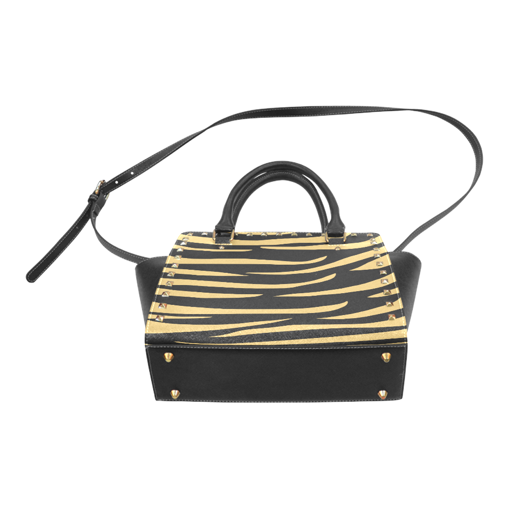 Tiger Stripes Black and Gold Rivet Shoulder Handbag (Model 1645)