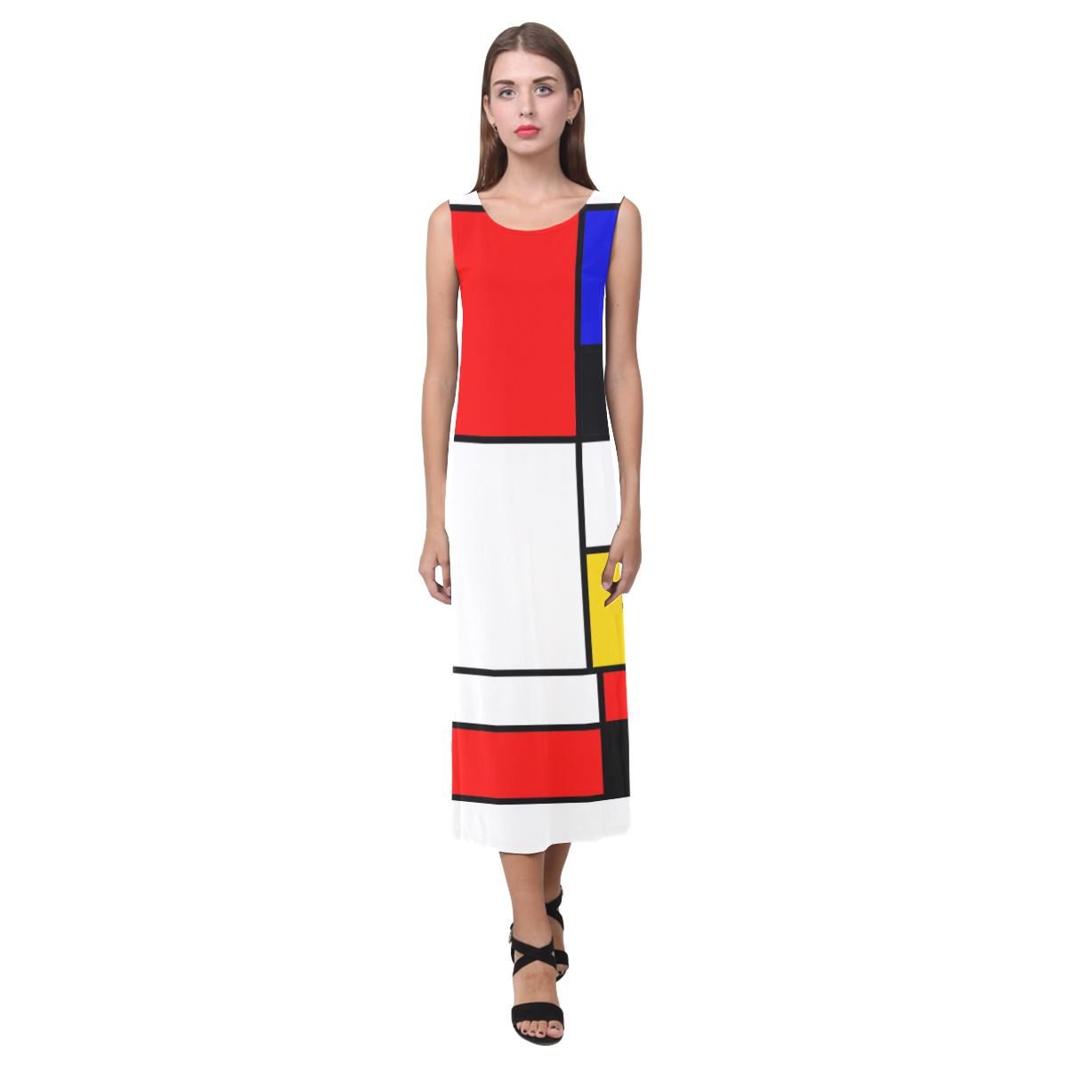 Bauhouse Composition Mondrian Style Phaedra Sleeveless Open Fork Long Dress (Model D08)