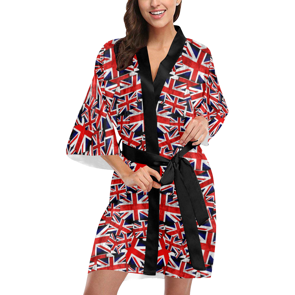 Union Jack British UK Flag (Black Sash) Kimono Robe