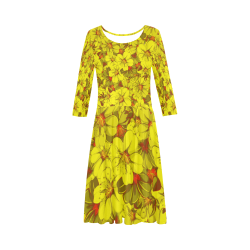 Yellow flower pattern Elbow Sleeve Ice Skater Dress (D20)