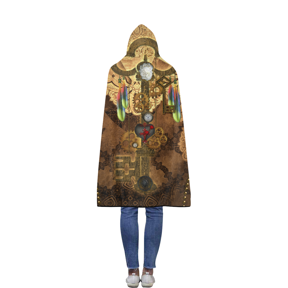 Steampunk, key with clocks, gears and feathers Flannel Hooded Blanket 50''x60''