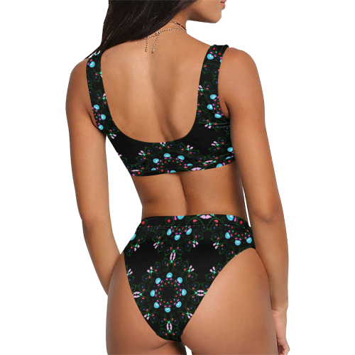embroidery paisley black Sport Top & High-Waisted Bikini Swimsuit (Model S07)
