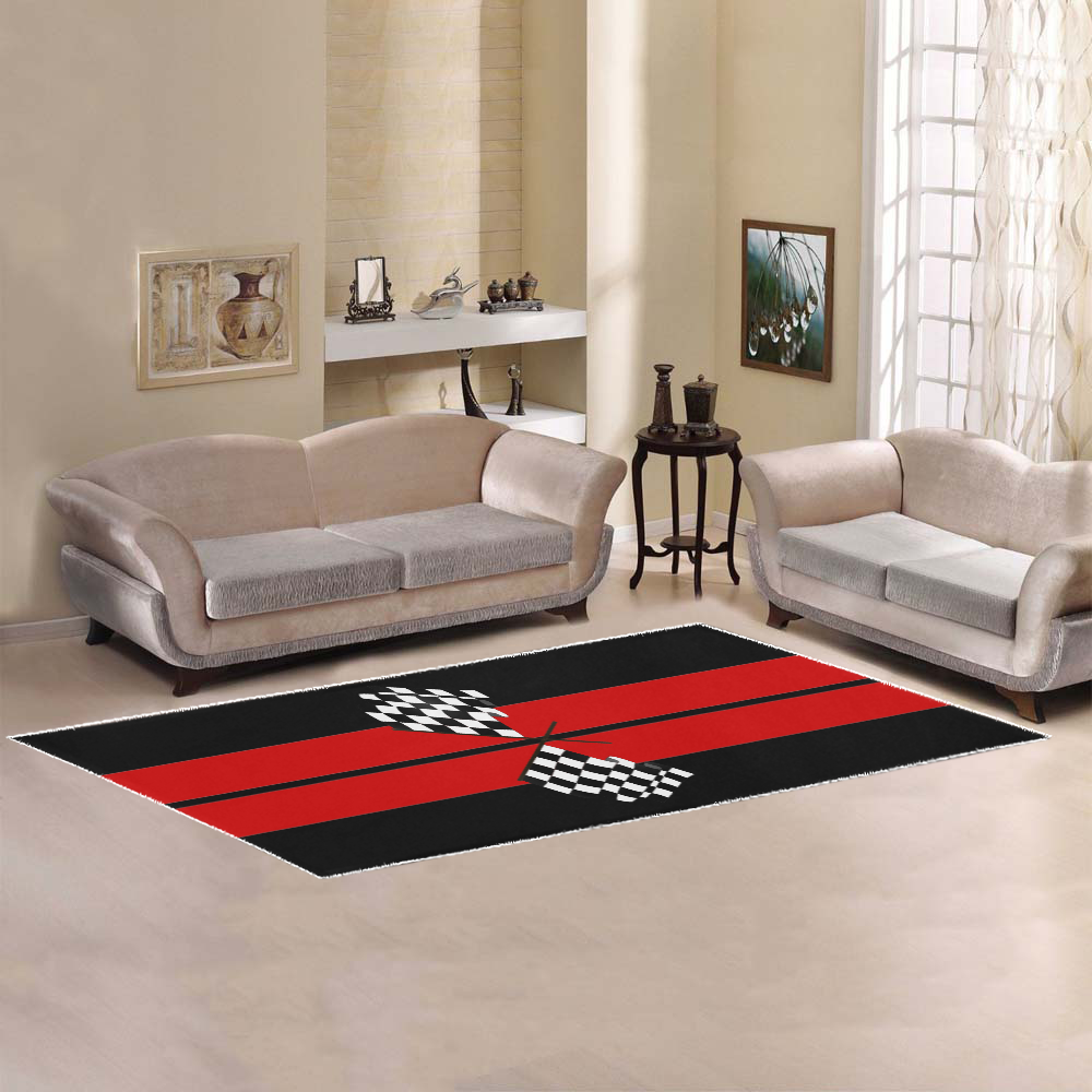 Checkered Flags, Race Car Stripe Black and Red Area Rug 9'6''x3'3''