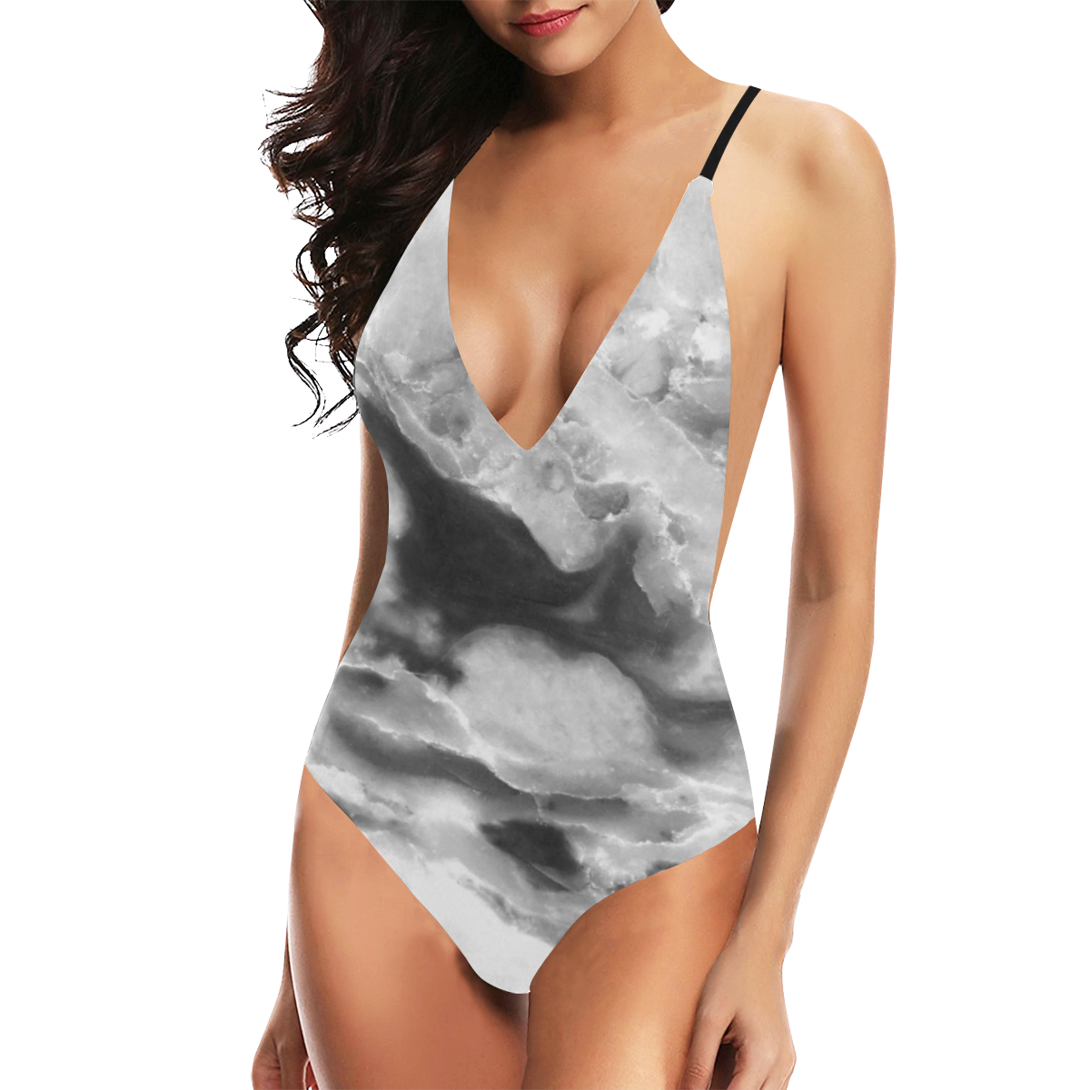 Marble Black and White Pattern Sexy Lacing Backless One-Piece Swimsuit (Model S10)