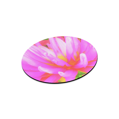 Fiery Hot Pink and Yellow Cactus Dahlia Round Mousepad