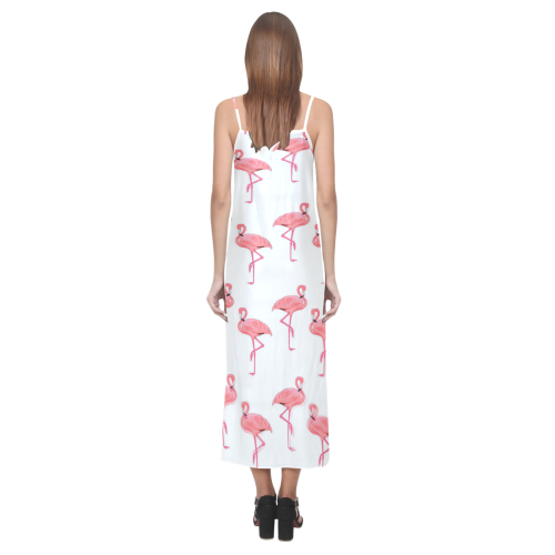 Pink Flamingo Pattern Tropical Summer Style V-Neck Open Fork Long Dress(Model D18)