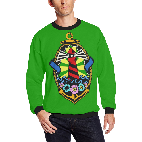 Lighthouse Modern Green Men's Oversized Fleece Crew Sweatshirt/Large Size(Model H18)