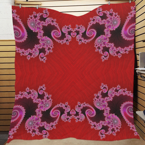 Red Pink Mauve Hearts and Lace Fractal Abstract 2 Quilt 70"x80"