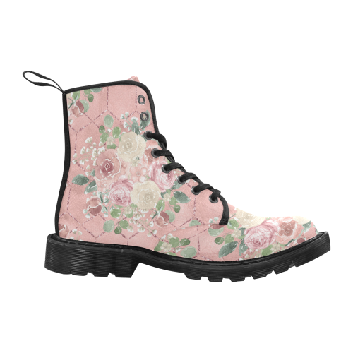 Sweet Pink Floral Boots, Watercolor Martin Boots for Women (Black) (Model 1203H)