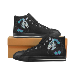 Sugar Skull Horse Turquoise Roses Black Women's Classic High Top Canvas Shoes (Model 017)