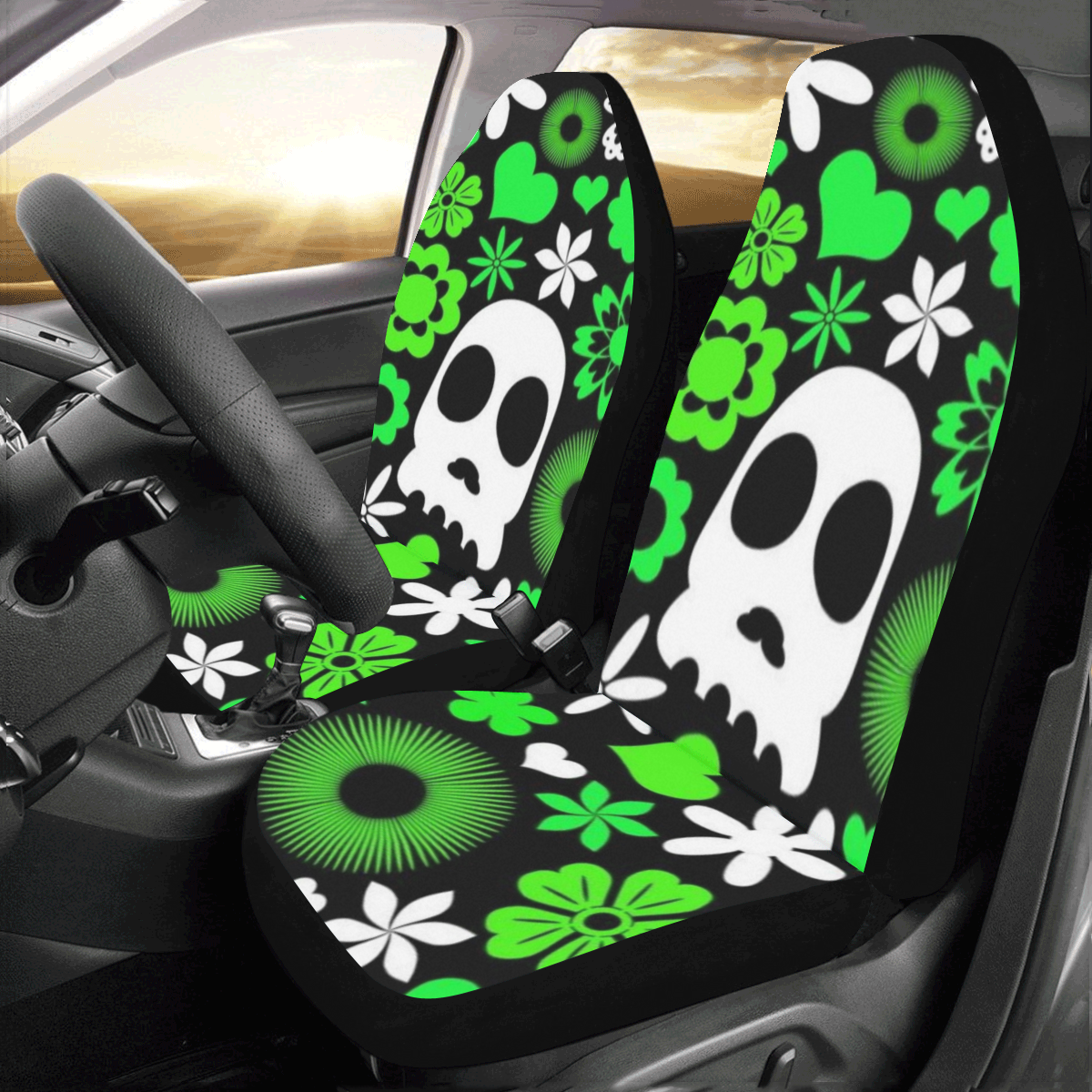 Skull And Floral Pattern Car Seat Covers (Set of 2)
