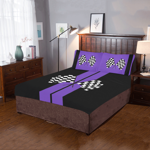 Race Car Stripe, Checkered Flags, Black and Purple 3-Piece Bedding Set