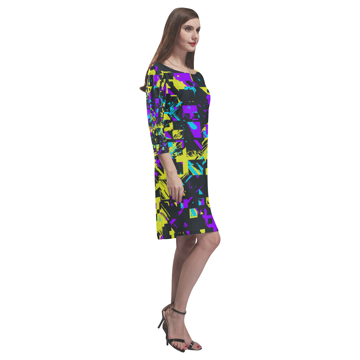 Purple yelllow squares Rhea Loose Round Neck Dress(Model D22)