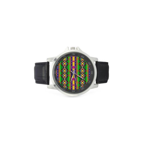Distorted colorful shapes and stripes Unisex Stainless Steel Leather Strap Watch(Model 202)