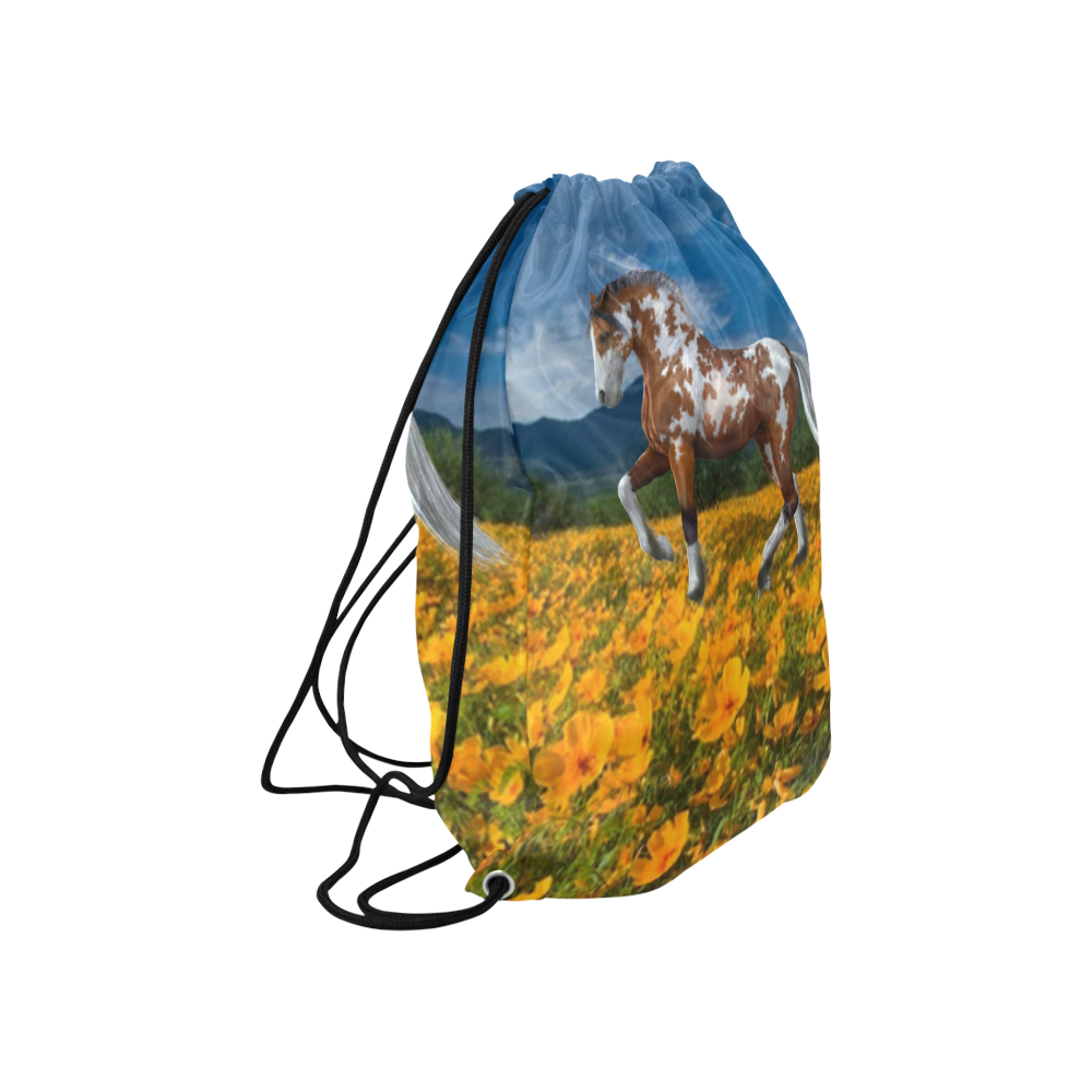 Horse Palimino Flower Field Large Drawstring Bag Model 1604 (Twin Sides)  16.5"(W) * 19.3"(H)