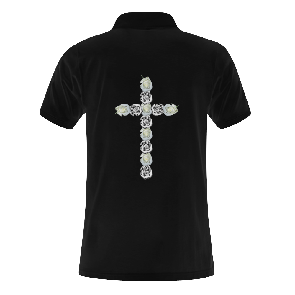 Christian Cross of Silver and White Rosebuds Men's Polo Shirt (Model T24)