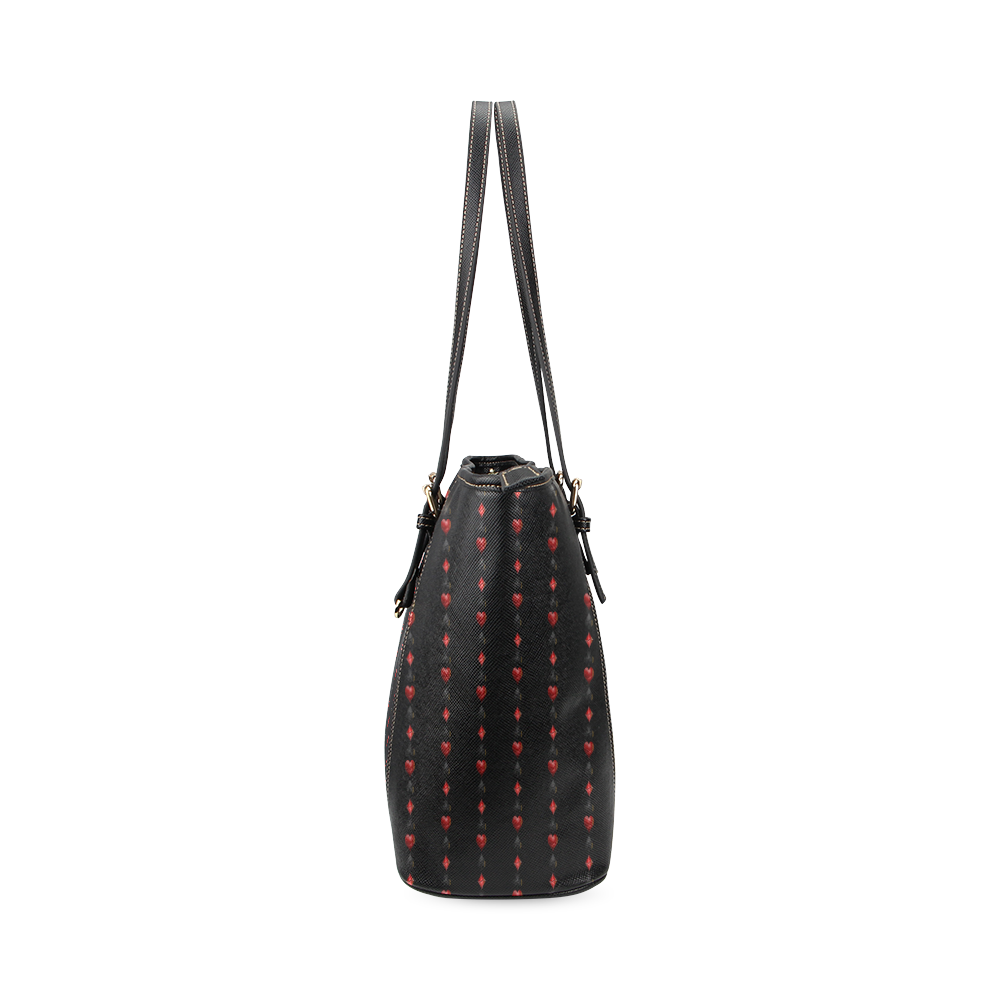 Las Vegas Black and Red Casino Poker Card Shapes on Black Leather Tote Bag/Large (Model 1640)