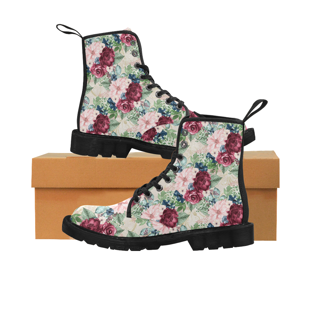 Watercolor Flowers Boots, Elegant Floral Martin Boots for Women (Black) (Model 1203H)
