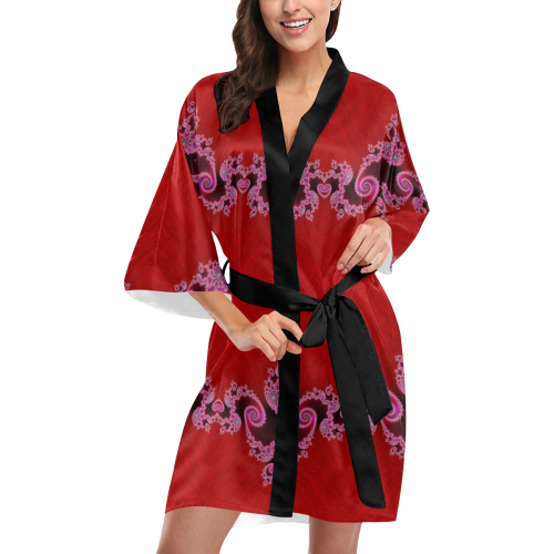 Red Pink Mauve Hearts and Lace Fractal Abstract 2 Kimono Robe