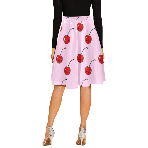 kawaii cherries red pattern Melete Pleated Midi Skirt (Model D15)